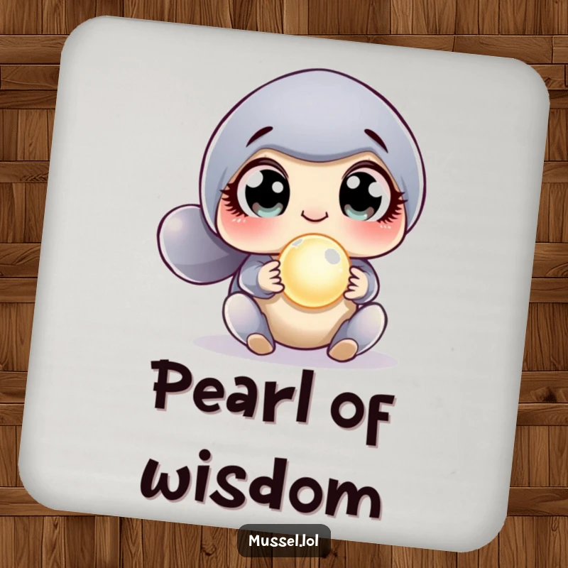 Funny Surprised Mussel Coasters showcasing a mussel with comically wide eyes discovering a sparkling pearl, adding a touch of humor to drink service.