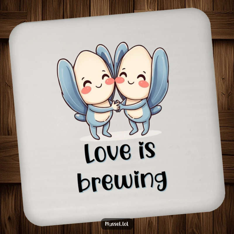 Funny mussel coaster set showing a pair of sweet mussels holding hands and smiling, protecting furniture.