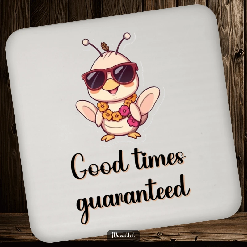 Funny Kawaii Mussel Coaster: A coaster featuring a mussel character looking cool in sunglasses and a lei, bringing tropical humor to drinks.