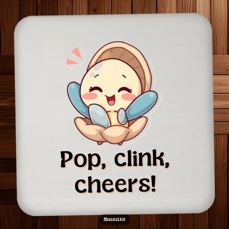 Funny drink coaster with a mussel winking as it emerges from its shell with a flourish, adding a playful touch to tables.