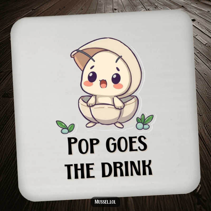 Funny drink coaster with a mussel peeking from its shell in surprise, offering a humorous and practical way to protect furniture.