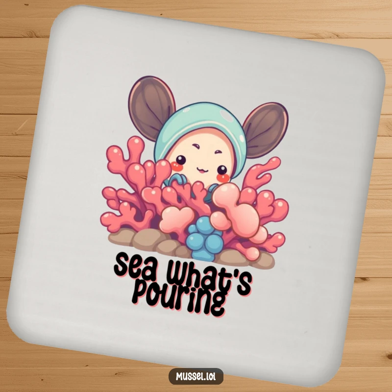 Funny Mussel Coaster: A humorous mussel character peeking from behind vibrant coral, protecting surfaces while adding a playful vibe.