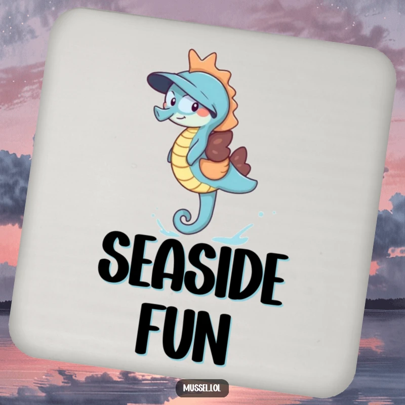 Funny Giggling Mussel Coasters showcasing a mussel giggling gleefully while riding a friendly blue seahorse, adding a touch of aquatic fun to drink service.