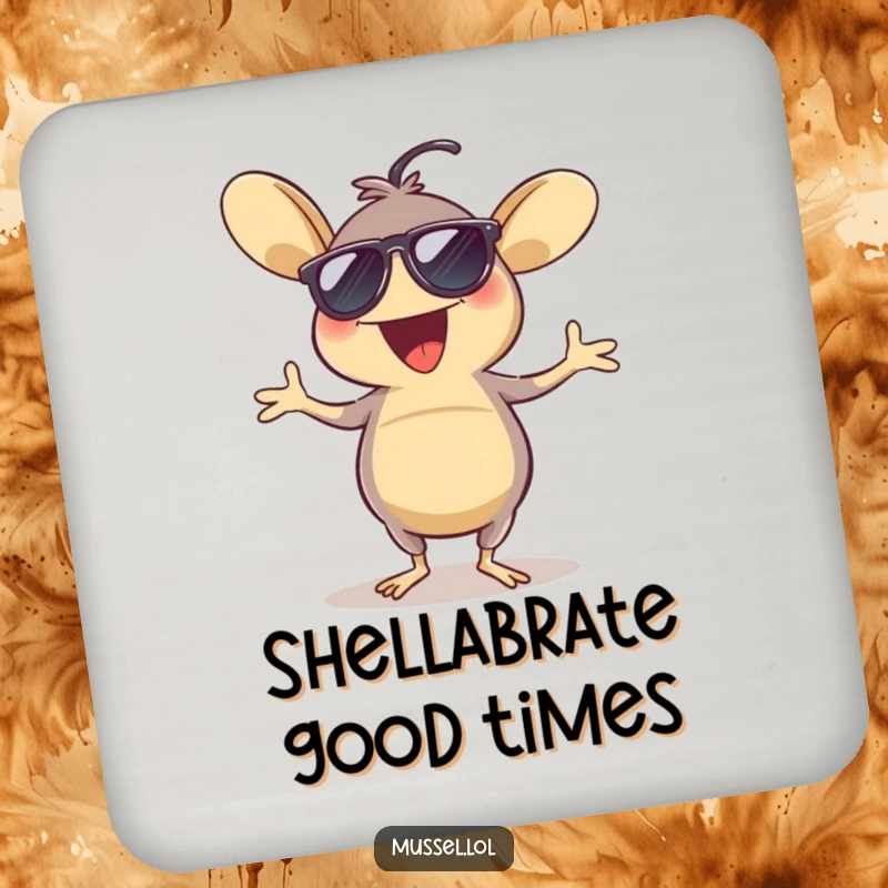 Funny drink coaster with an excited mussel wearing sunglasses and dancing a jig, offering a humorous and practical way to protect furniture.