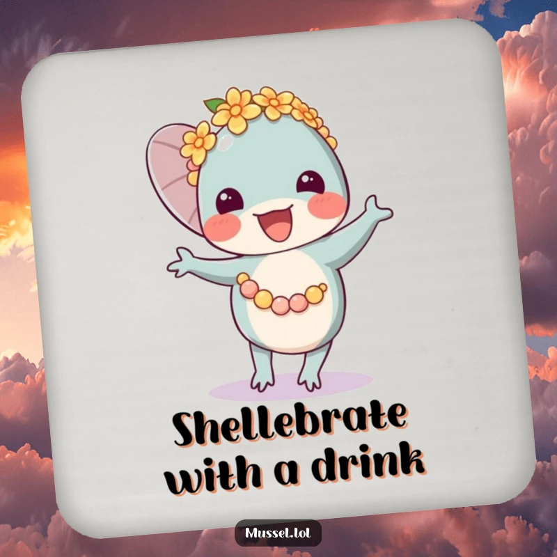 Funny Mussel Lei Dancer Drink Coaster showing a happy mussel character in a flower lei, dancing with delight.