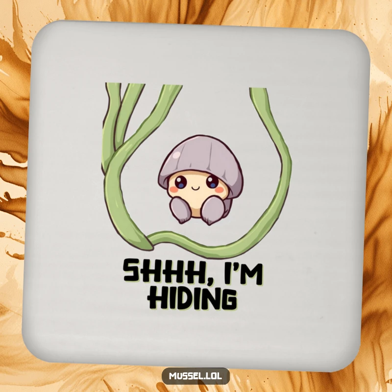 Funny drink coaster with a shy mussel character peeking from under a seaweed frond, adding subtle charm.