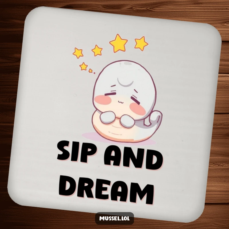 Funny mussel coaster set featuring a dreaming character with little stars floating above its head.
