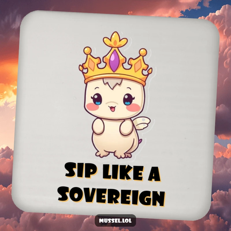 Funny Mussel Coasters featuring a regal character with a tiny crown, protecting surfaces with humorous charm.