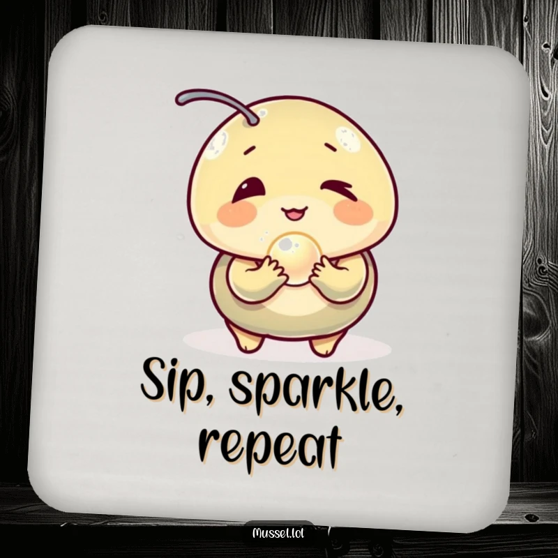 Funny Mussel Coaster: A winking mussel holding a glowing pearl, protecting your surfaces with a humorous touch.