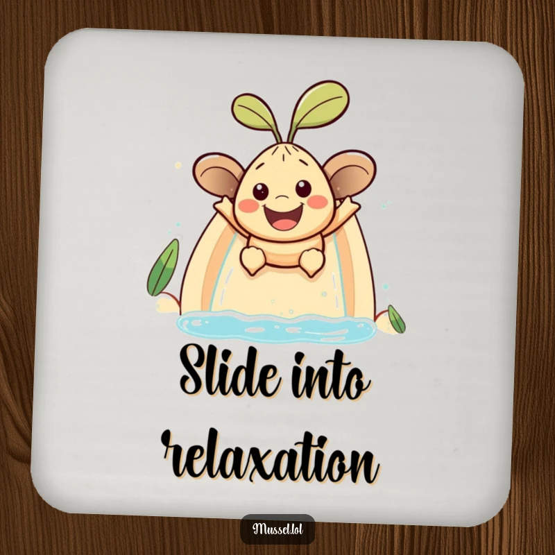Funny mussel character with a large smile sliding down a water slide, a set of humorous drink coasters.