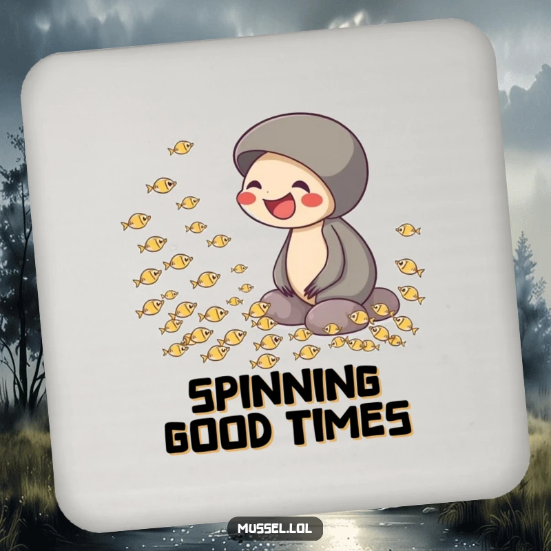 Funny drink coaster with a mussel laughing while watching tiny fish swim in a circle, adding amusement to tabletops.