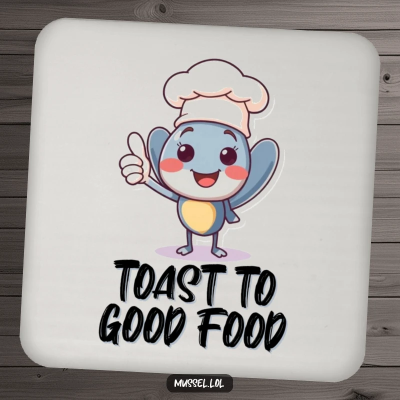 Funny smiling mussel character wearing a tiny chef hat, giving a confident thumbs up, a set of humorous drink coasters.