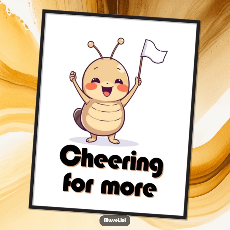 Funny joyful mussel character excitedly waving a tiny flag, a vibrant and humorous poster.