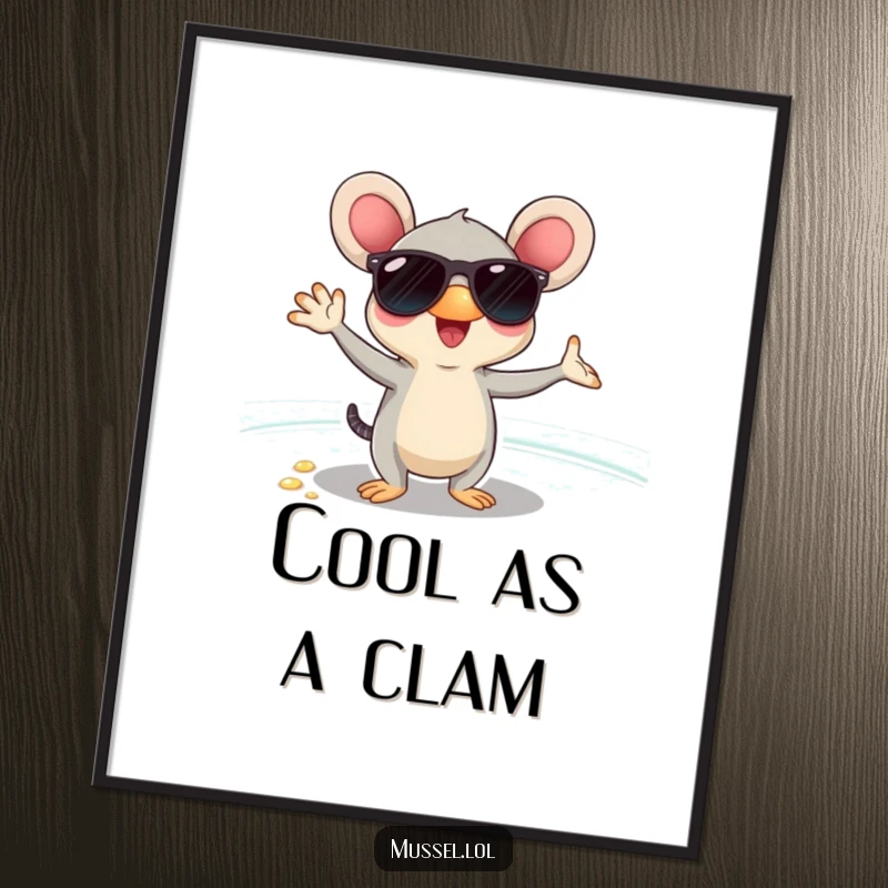 Funny mussel wearing sunglasses, posing coolly on a beach setting, printed as humorous wall art, radiating beach vibes.