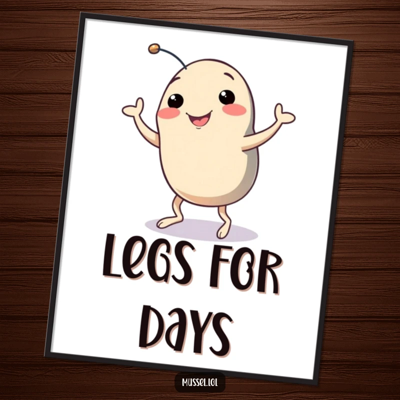 Funny Mussel Poster: A smiling mussel with legs doing a silly dance shuffle, bringing lively humor and joy to wall decor.