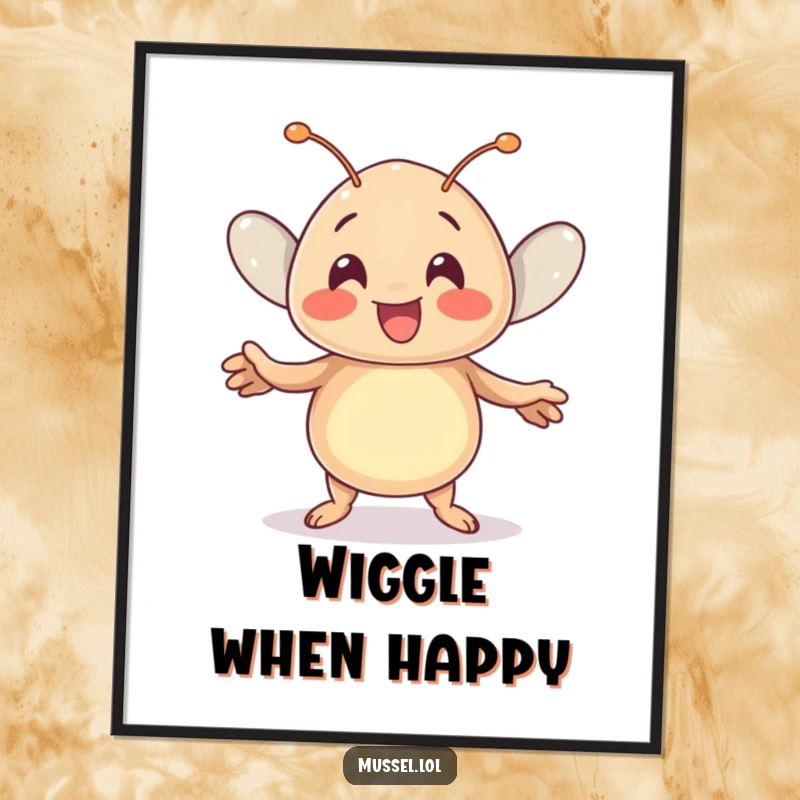 Funny Kawaii Mussel Poster: A cute mussel character performs a joyful wiggle dance, creating a charming and humorous piece of wall art.