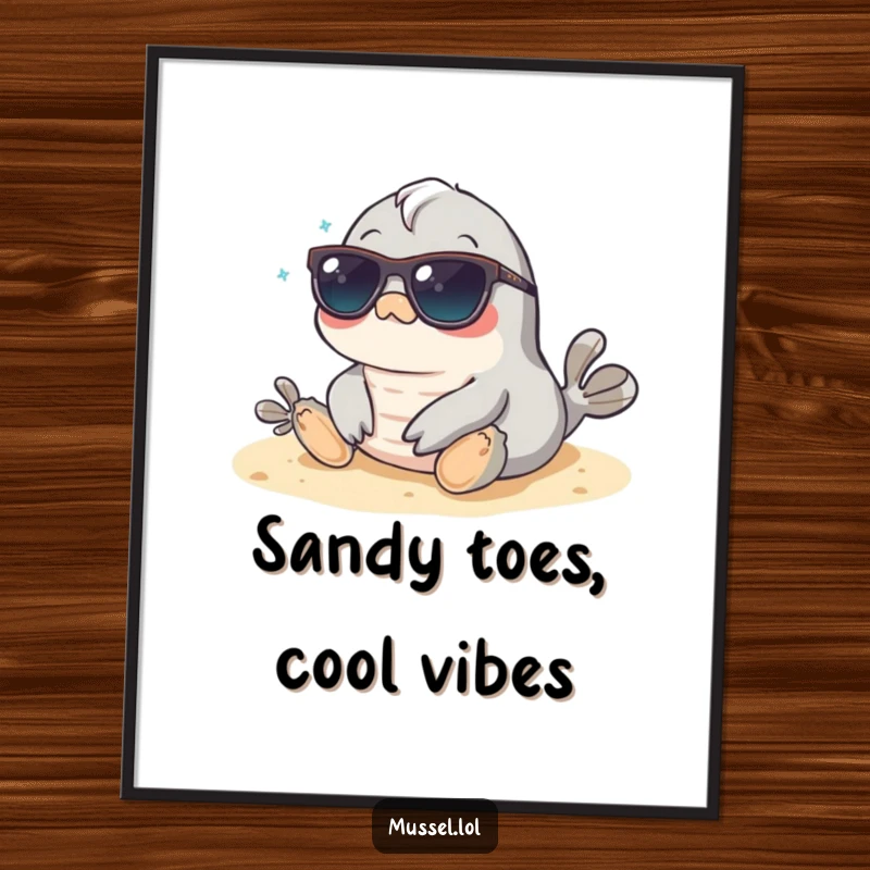 Funny Mussel Poster: A mussel wearing sunglasses relaxes on a beach, exuding a cool and laid-back vacation atmosphere.