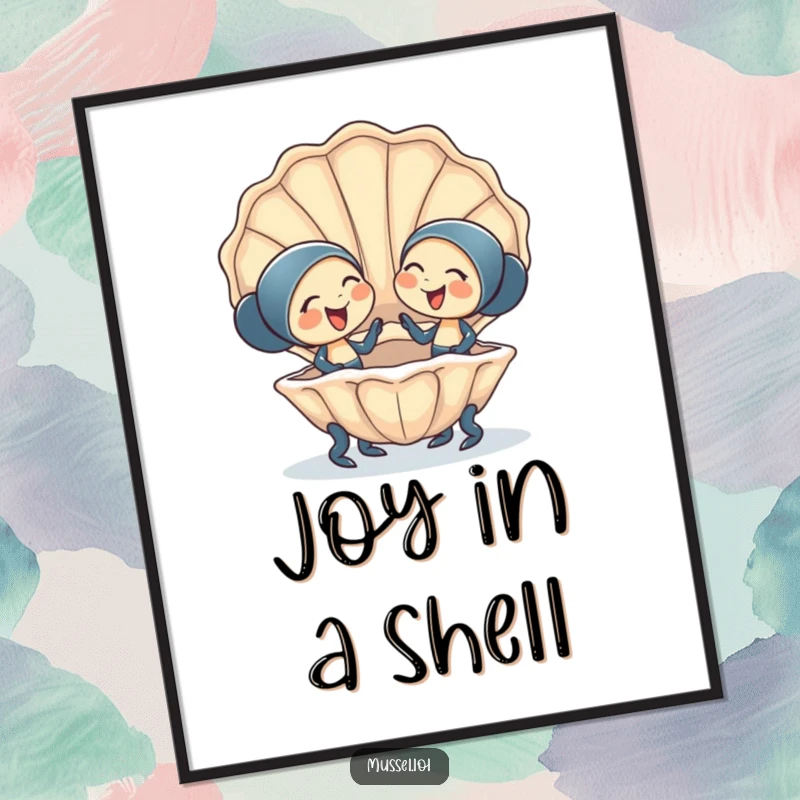 Funny Poster: Two happy mussel characters giggling in a giant clam shell, embodying cheerful friendship and joyful art.