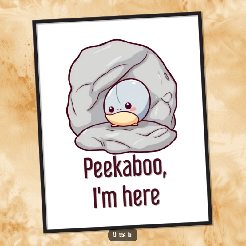 Funny Mussel Hideout Poster: A shy mussel peeking out from behind a rock, conveying endearing and humorous shyness in art.