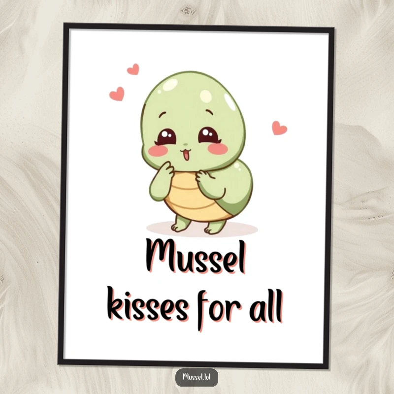 Funny Mussel Kiss Poster: A delighted mussel character blowing a kiss, conveying sweet and humorous affection in wall art.