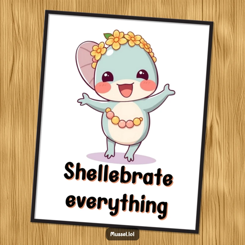 Funny Mussel Lei Dancer Poster showcasing a jubilant mussel character wearing a festive flower lei and dancing freely with pure delight.