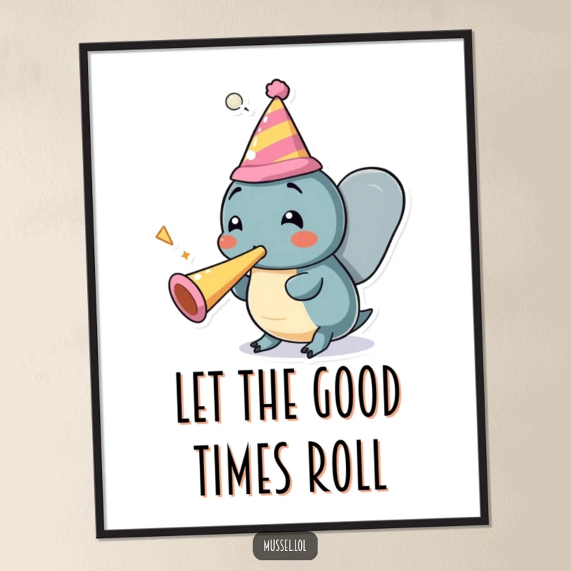 Funny Mussel Party Poster: A happy mussel character wearing a party hat blows a party horn, festive cartoon wall decor.