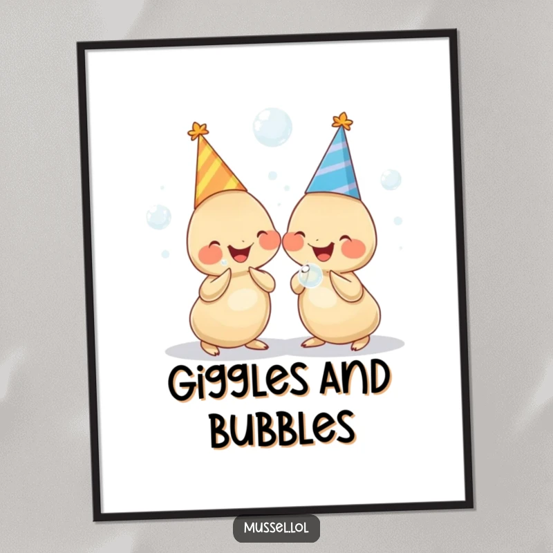 Funny poster art of two chubby mussels in party hats, holding bubbles and giggling uncontrollably, radiating pure joy.