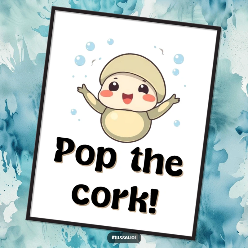 Funny poster showing a celebratory mussel character with tiny bubbles rising around it, a joyful and humorous piece of art.