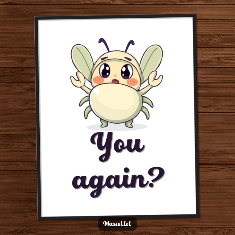 Funny poster illustrating a shocked mussel with large eyes, observing a tiny crab waving hello, a humorous piece of art.