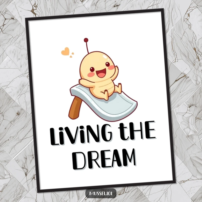 Funny mussel poster artwork showing a character joyfully experiencing a thrilling slide down an imaginary ramp, full of energy.