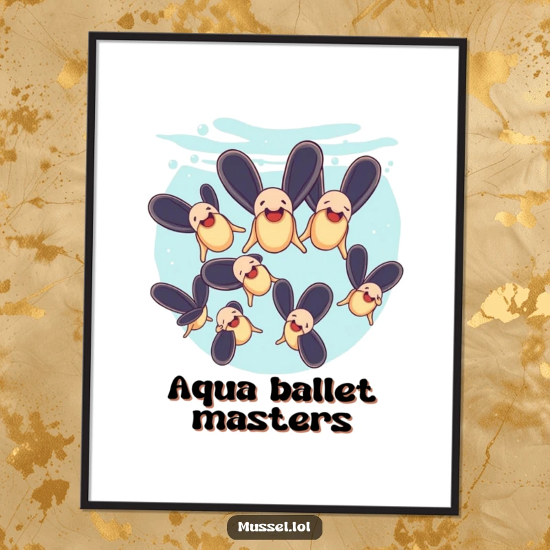 Funny poster featuring mussels performing a synchronized swimming routine underwater, showcasing aquatic artistry.
