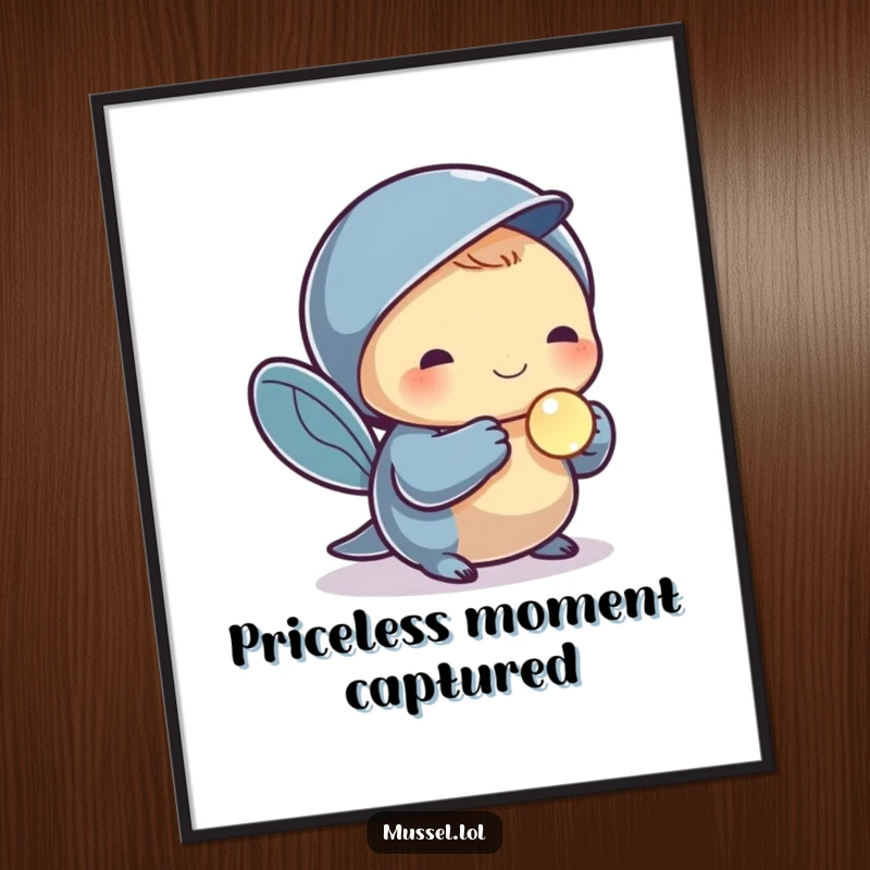 Funny poster featuring a mussel character holding a small, shiny pearl, adding elegant charm and humor to wall art.