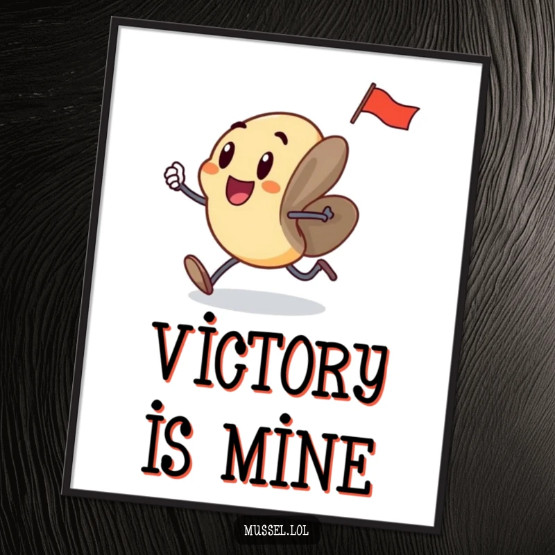 Funny mussel with small legs, running fast with a tiny flag, full of excitement, printed as a humorous wall art.