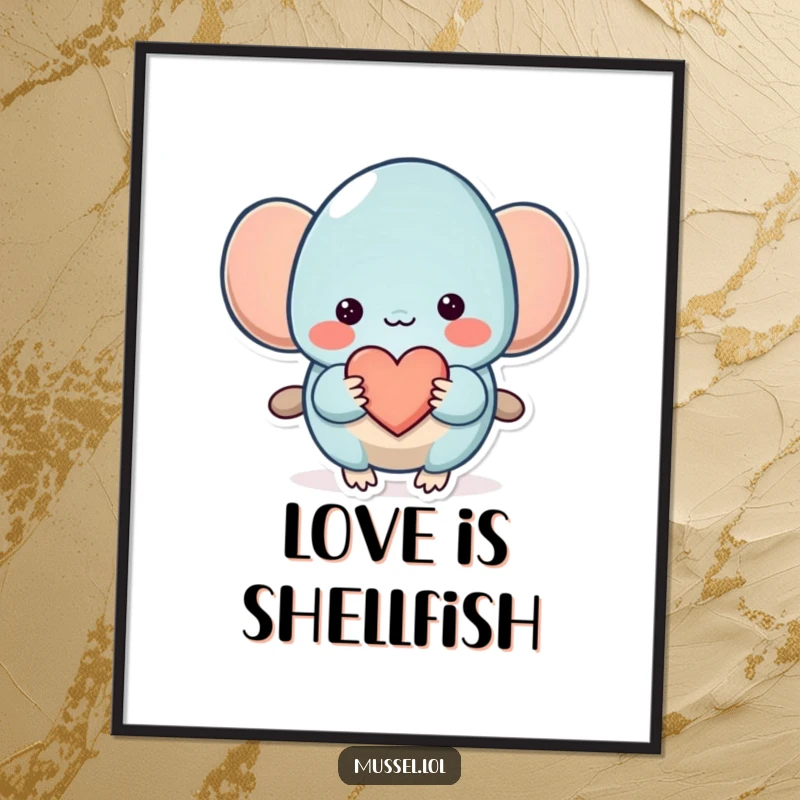 Funny Mussel Poster: A shy mussel character shyly offers a small heart, bringing sweet affection and humor to wall decor.