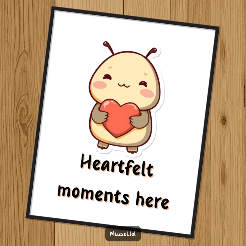 Funny poster depicting a shy mussel blushing and holding a heart, creating a sweet, humorous, and affectionate visual display.