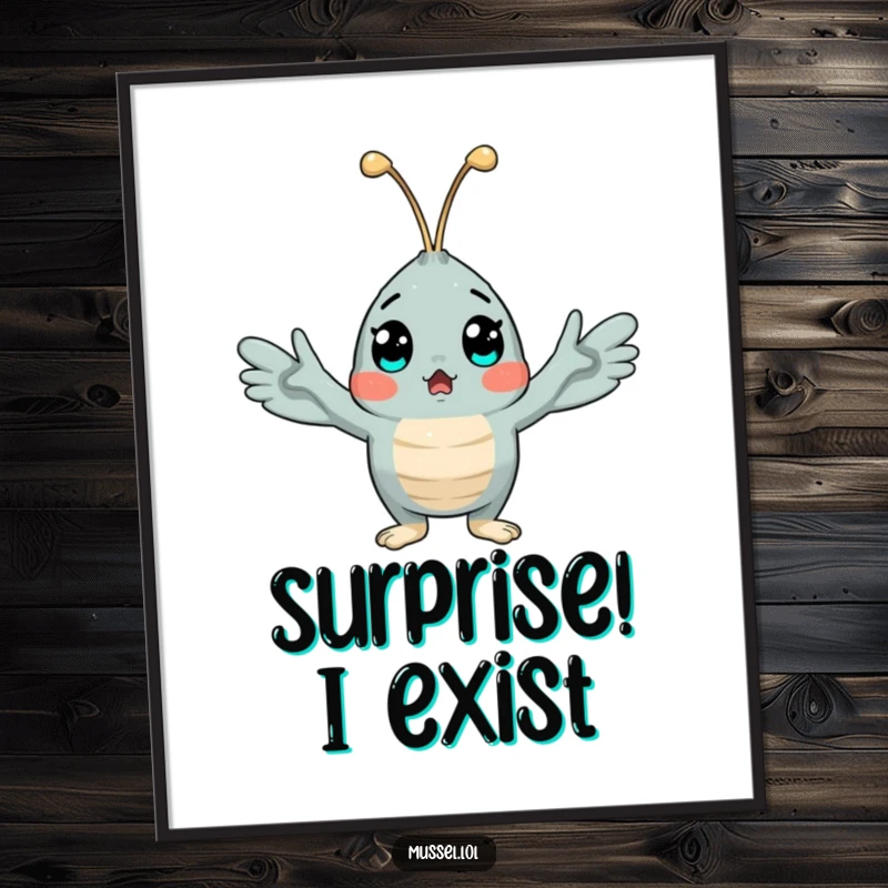 Funny mussel poster print, a surprised shellfish character with arms wide in a comical gesture of shock, perfect for wall decor.
