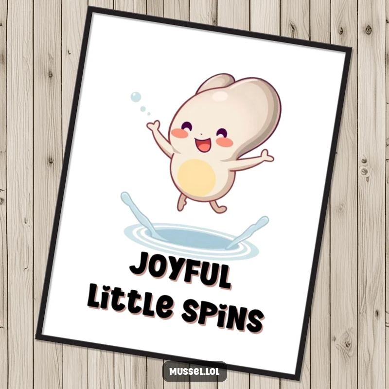 Funny mussel poster showcasing a character joyfully dancing with little legs and a tiny splash, perfect for lively decor.