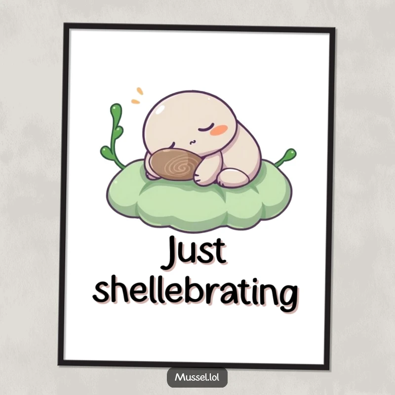 Funny Mussel Poster: A tranquil mussel character enjoying a peaceful nap on soft seaweed, adding a humorous and serene touch to decor.