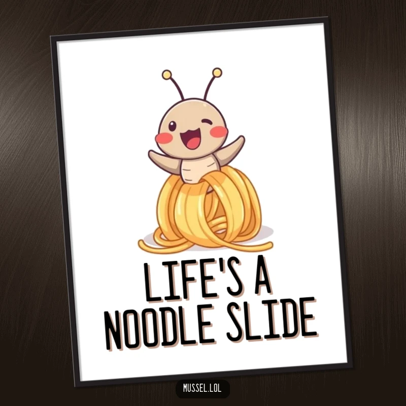 Funny poster capturing a joyful mussel character in mid-slide down a spaghetti noodle, a whimsical and amusing piece of art.