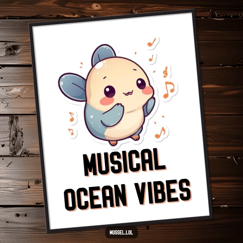 Funny mussel character with tiny musical notes floating around it, a humorous and artistic poster for wall art.