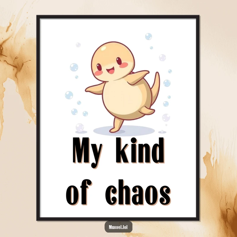 Funny Mussel Poster: A whimsical mussel mid-cartwheel, scattering playful bubbles, bringing energetic and funny aquatic charm to any wall.