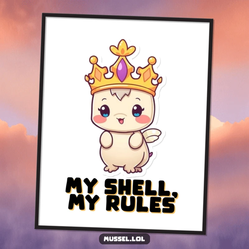 Funny Mussel Poster depicting a regal character wearing a tiny crown, adding humorous sophistication to any space.