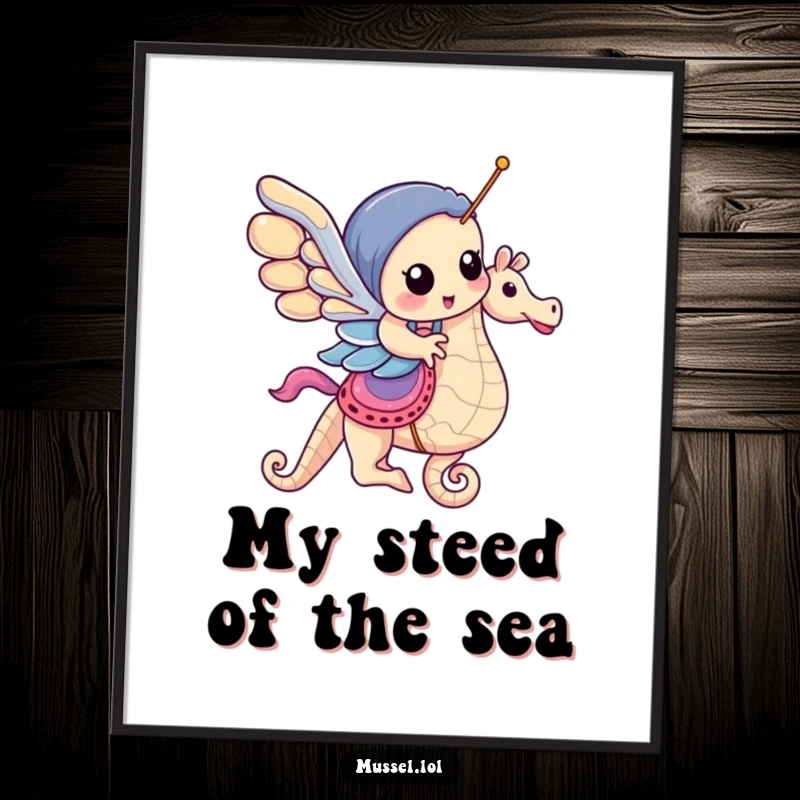 Funny Mussel Poster: A mussel rides a carousel seahorse, creating a delightful and imaginative underwater scene for your wall.