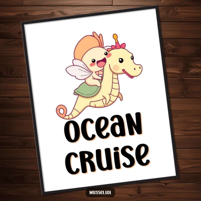 Funny mussel character riding a friendly seahorse poster, a joyous and colorful underwater scene.