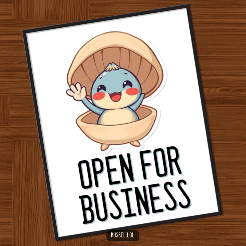 Funny poster of a beaming mussel character enthusiastically waving from its open shell, bringing coastal joy.