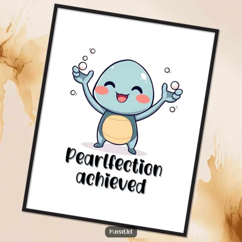 Funny poster of a giggling mussel character skillfully juggling small, shimmering pearls with its arms, a playful scene.