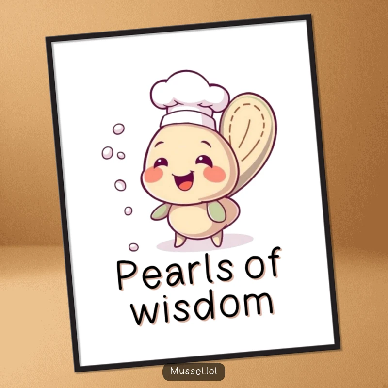 Funny chef mussel wearing a tiny hat, cheerfully juggling small pearls against a plain background, a humorous art print.