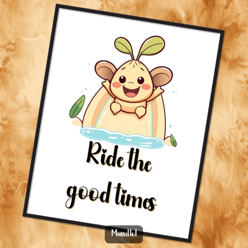 Funny mussel character with a large smile sliding down a water slide, a vibrant and humorous poster.