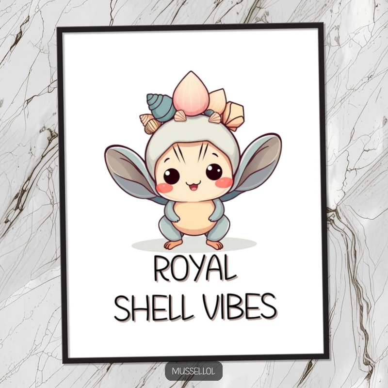 Funny Kawaii Mussel Poster: A cute mussel character balances seashells like a crown, creating a charming and humorous piece of wall art.
