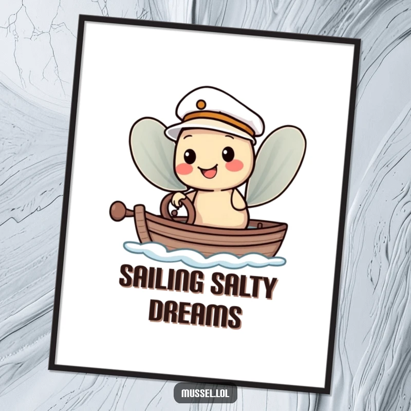 Funny Poster: A smiling mussel character in a sailor hat steering a small boat, embodying whimsical nautical adventures.